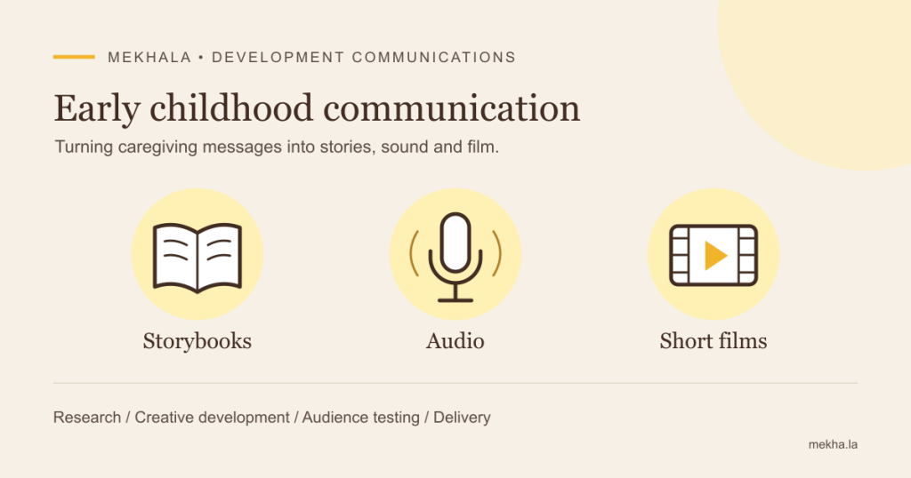 Illustration of storybooks, audio and short films for early childhood communication.